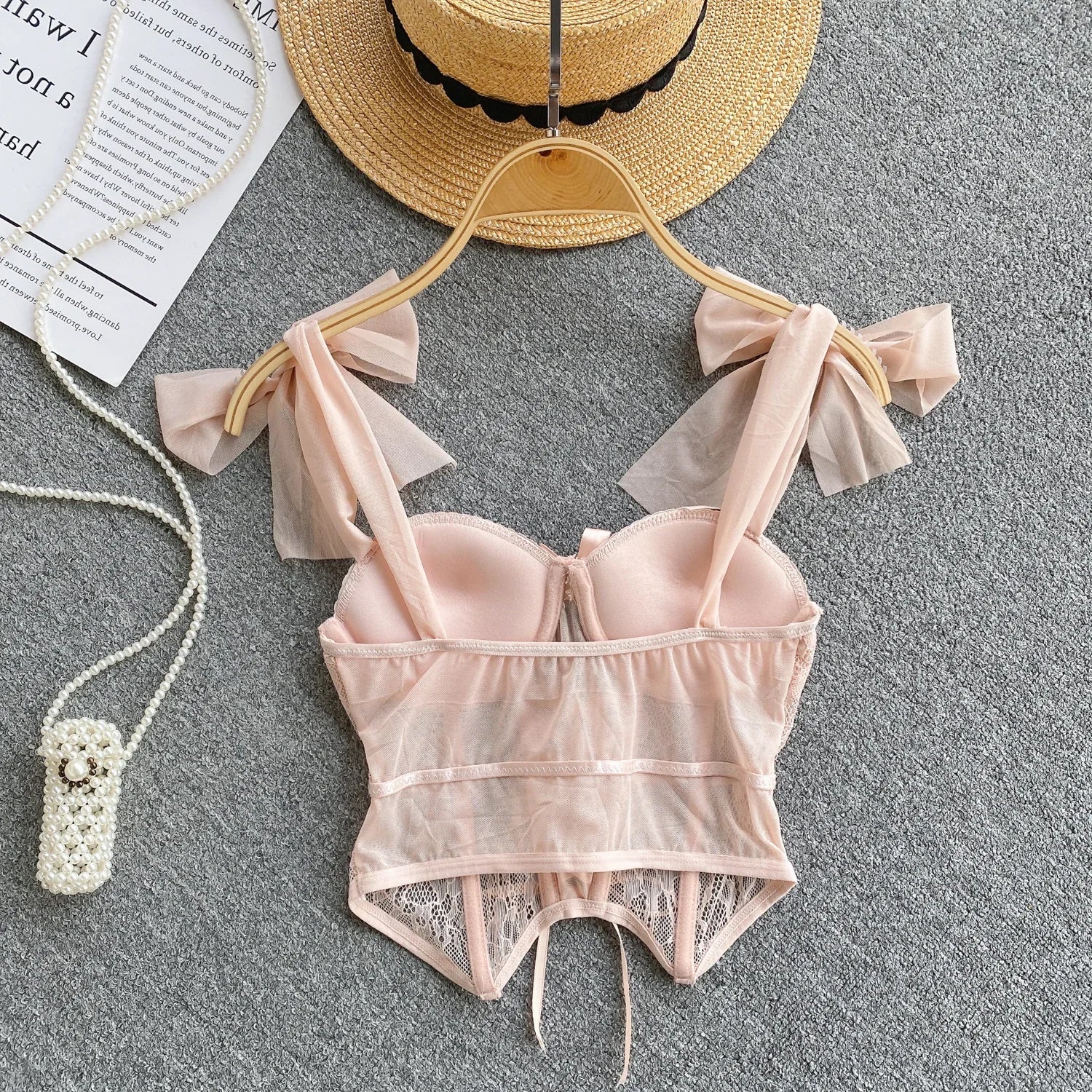 Spaghetti Strap Tank Top for Women Strapless Build in Bra Lace Patchwrok Tulle Bow Camis Summer Casual Female Camisoles