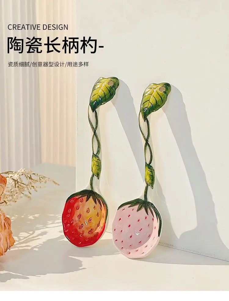 Strawberry Ceramic Spoon, Watermelon Panda Underglaze Household Cute Long Handle Children Eat Dessert Spoons Tableware