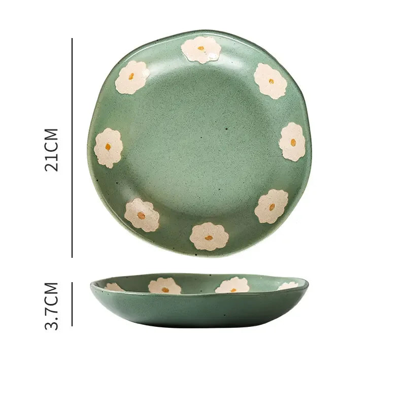 Vintage Hand Painted Dots Daisy Pottery Deep Plates Creative Moon Star Steak Flat Plate Handmade Salad Dinner Dishes