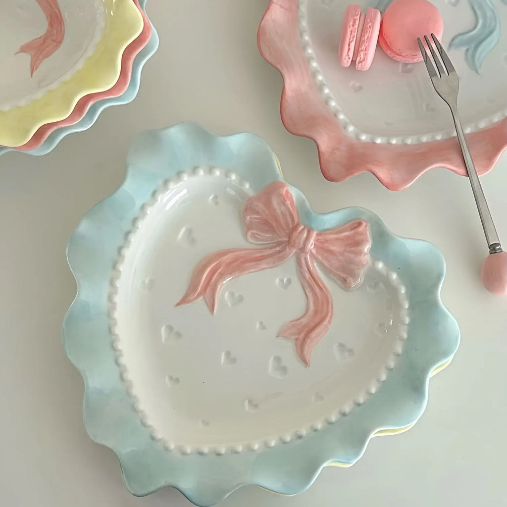 Cute Wave Edge Bow Knot Love Wave Dot Ceramic Lace Girl Tableware