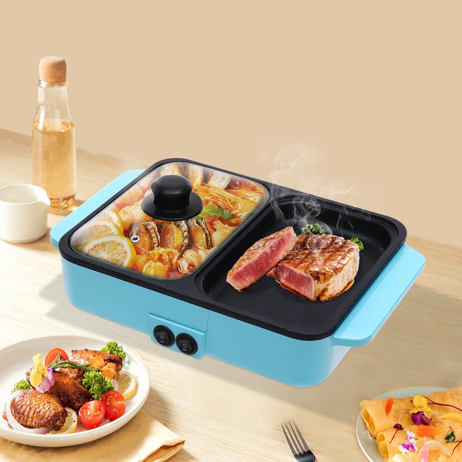 Mini Hot Pot and Grill Combo, Available in Pink, Blue, and White,2-in-1 Mini Hot Pot and Grill for Home Cooking