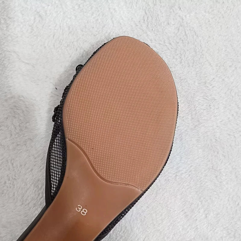 Summer Mesh Flower Beads Women Slides Sexy Thin Heel Sandals