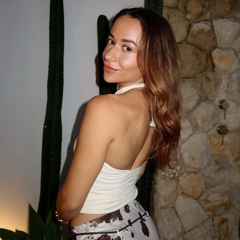 Women'S Solid Color Hanging Neck Tie Hollow Out Metal Ring Strapless Backless Tank Top Summer New Fashion Street Tank