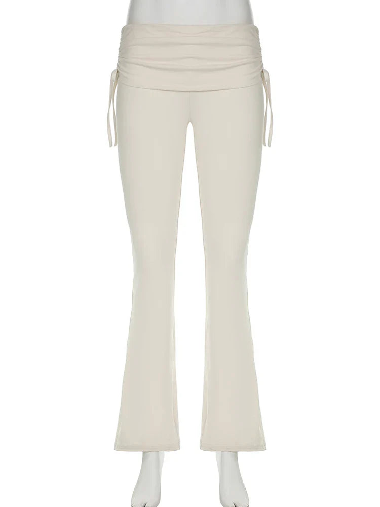 Casual Solid Drawstring Patchwork Pants Slim Low-Waisted Flare Pants Women - Spring Summer Fashion Ladies Streetwear