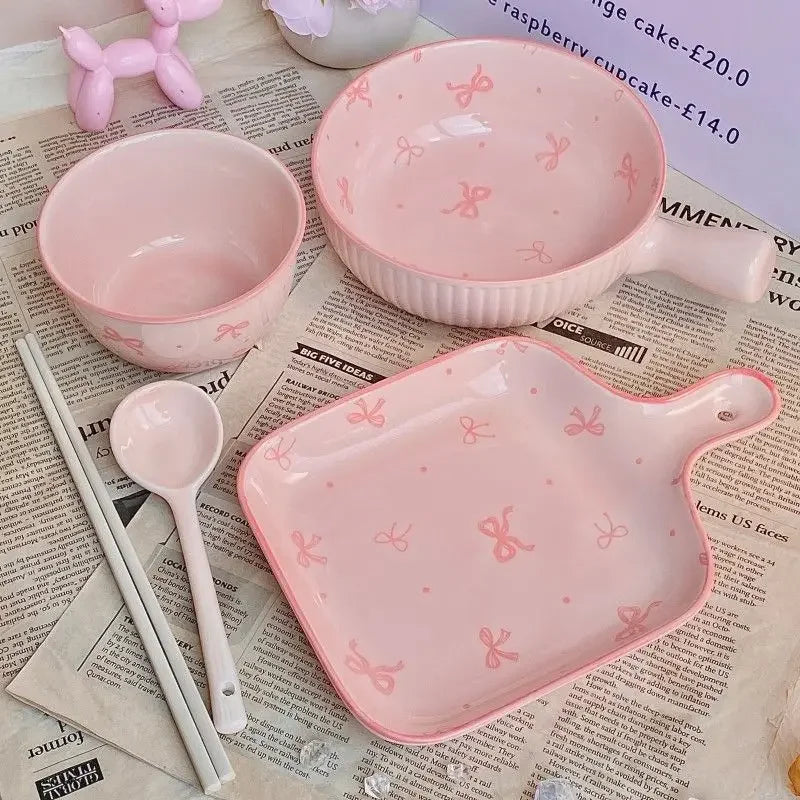 Pink Bow Ceramic Cutlery Set, Home Tableware Ceramic Handle Bowl Yogurt Cup High Value Breakfast Plate Drinkware