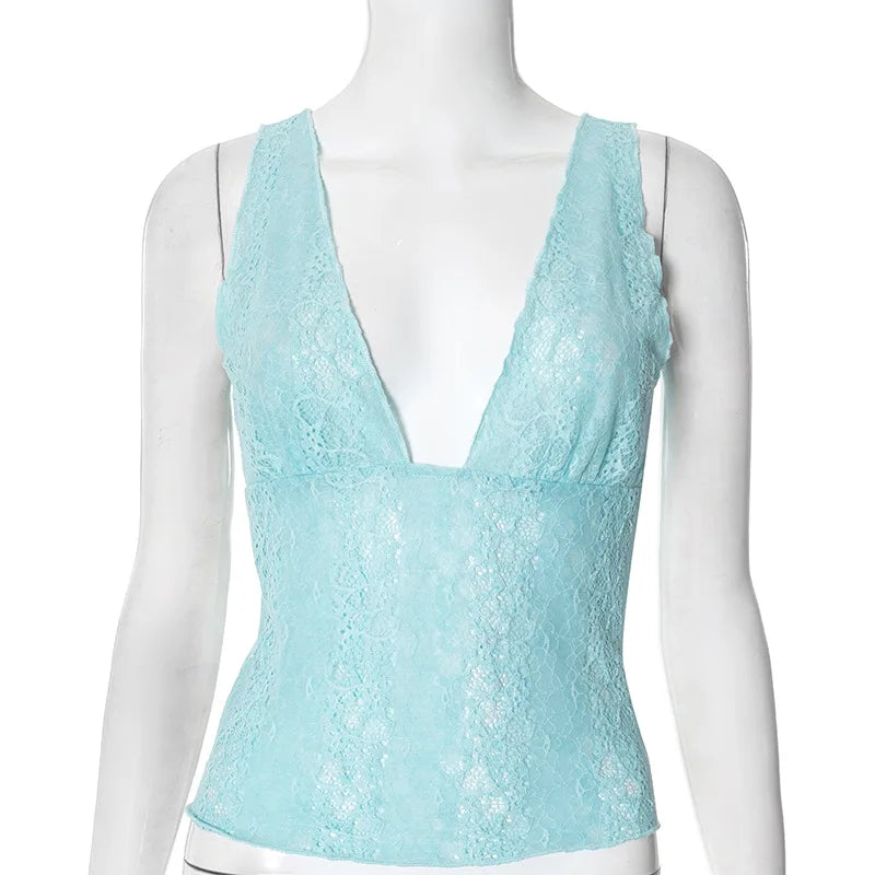 Woman Clothes Lace Tank Tops Sexy Deep V-neck See-through Sleeveless Blue T Shirt Female Corset Crop Top Party Clubwear