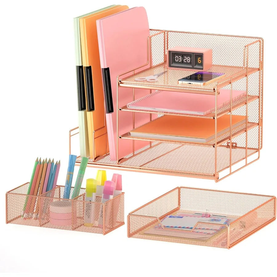 Rose Gold Desk Organizer Desk Organizers and Office Desk Accessories with Drawer + Vertical File Sorters Office Supplies