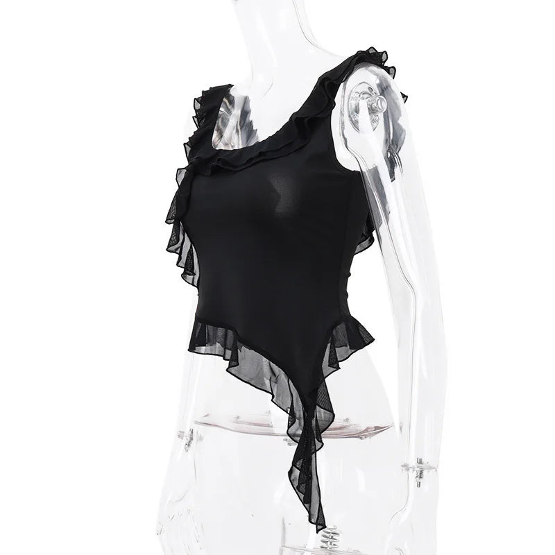 Fashion O-neck Sleeveless Tank Top Sexy Ruffles Backless Irregular Crop Tops  Summer Casual Streetwear Women Camis