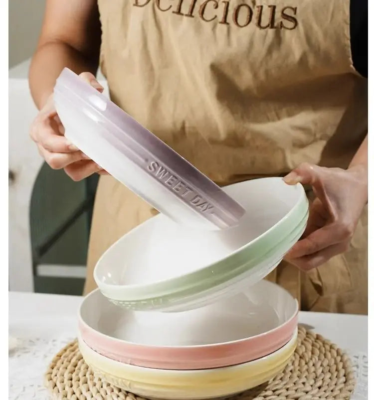 Gradual Change 8-inch Ceramic Deep Plate, High-end High-value Trays Underglaze Color Deep Plate Bowls