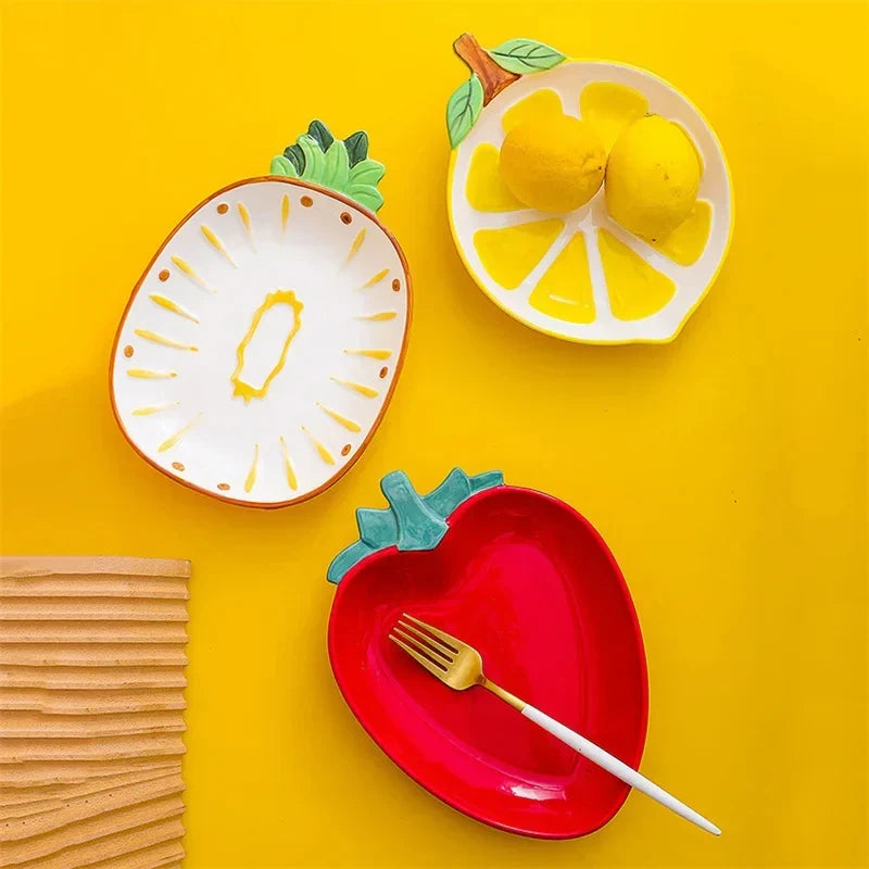 Hand Painted Fruit Shape Cute Fruit Salad Plate Creative Ceramic Bowl Pineapple Strawberry Lemon Ceramic Cutlery