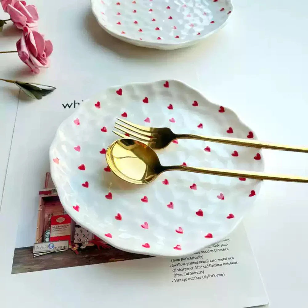 Red Hearts Ceramic Hand-Made Irregular Shaped Porcelain Plates