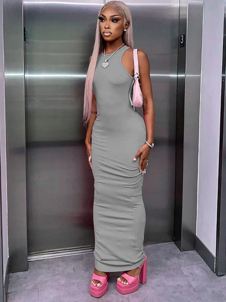 Ribbed Sexy Y2K Clothes Sleeveless Bodycon Maxi Dresses For Women Club Birthday Party Streetwear Elegant Outfits