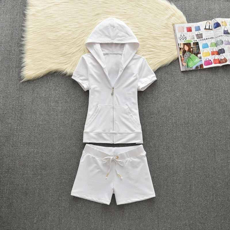 Summer Cotton Hoodie Sport Set Women's Solid Color Short Sleeve Shorts JC Summer Casual Fashion Two Piece Set