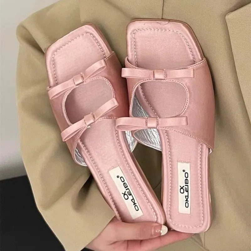 Women Bow Flat Open Toe Flat Slippers