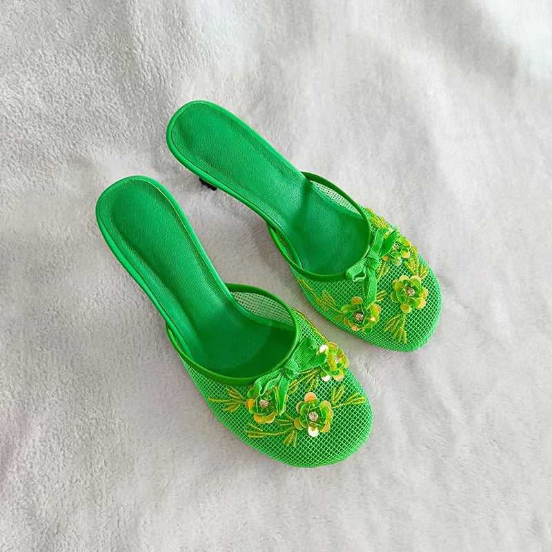 Summer Mesh Flower Beads Women Slides Sexy Thin Heel Sandals