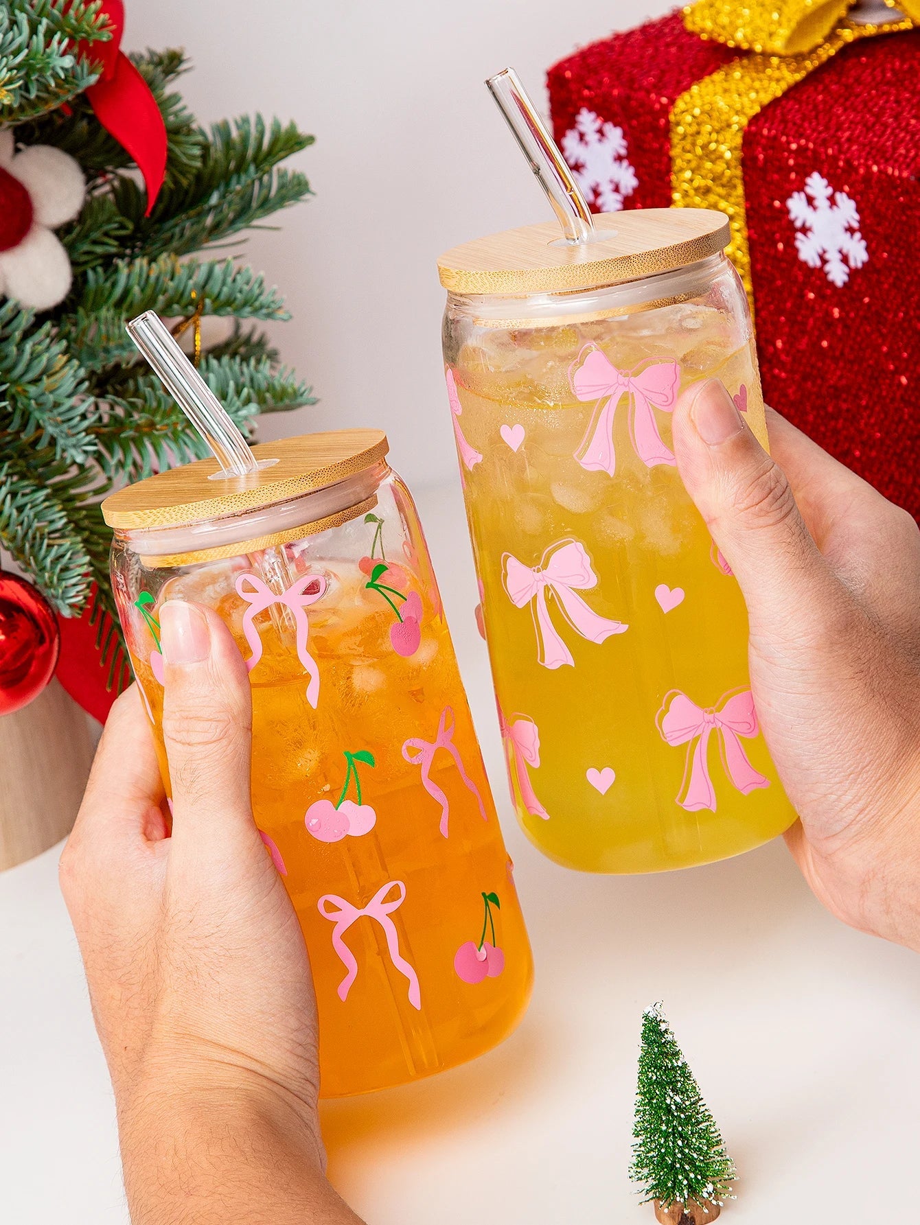 Cute Bow Glass Cup Love Cherry Bow Pattern With Lids & Straw 500ml