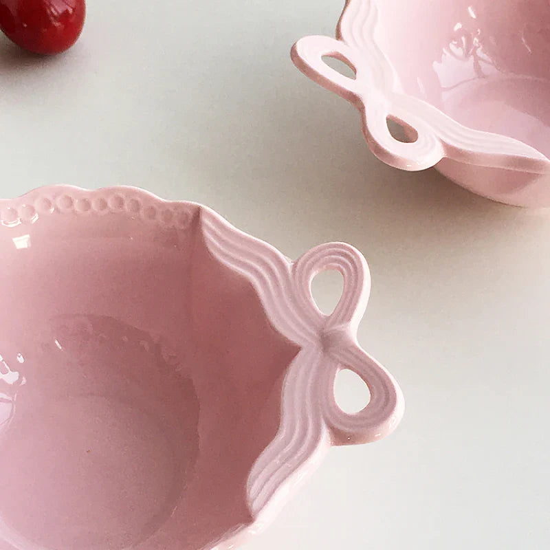 Porcelain Bowl Cute Hollow Out Bow Relief Solid Color Ceramic Dinnerware