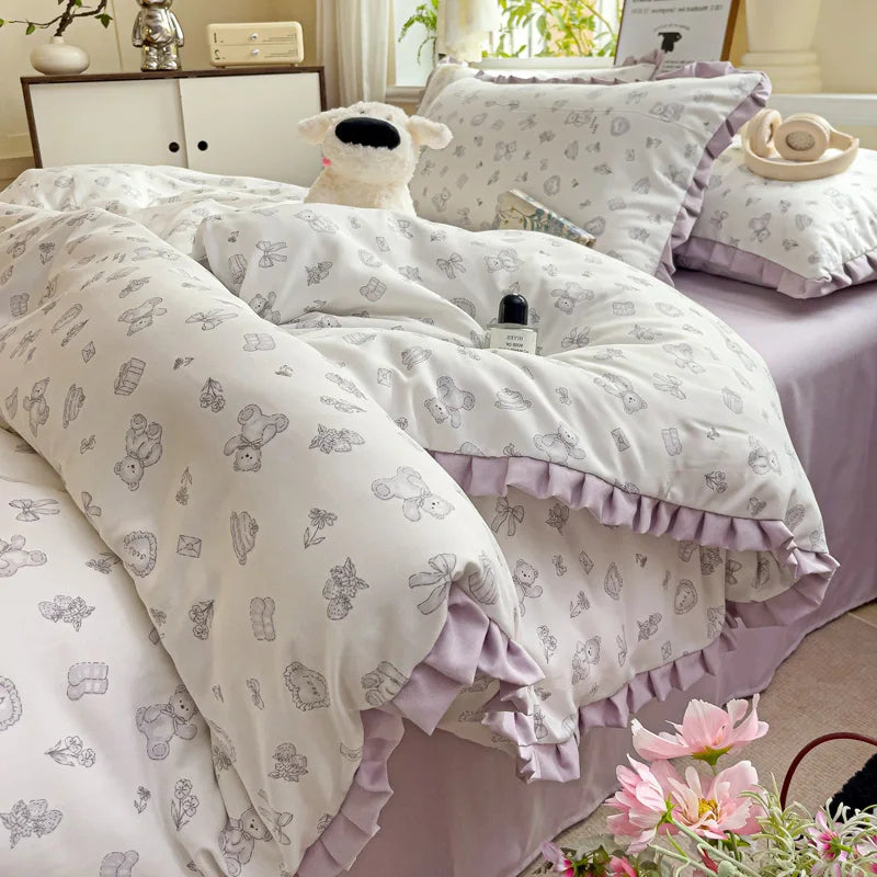 Princess Style Flowers Ruffles Soft Skin-friendly Duvet Cover Set Pillowcases Bedding Set