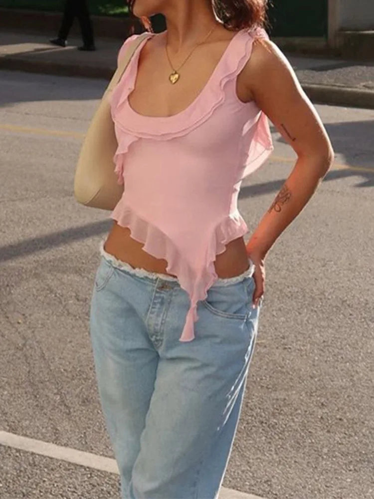 Fashion O-neck Sleeveless Tank Top Sexy Ruffles Backless Irregular Crop Tops  Summer Casual Streetwear Women Camis