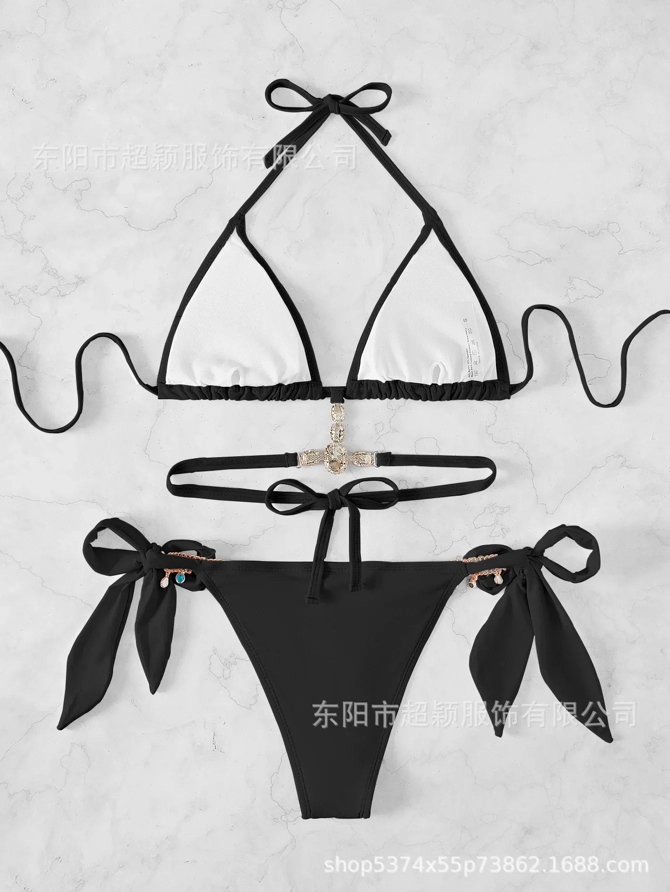 Women's Swimwear Crystal Diamond Triangle Bandage Backless Beach Bikini Swimsuit