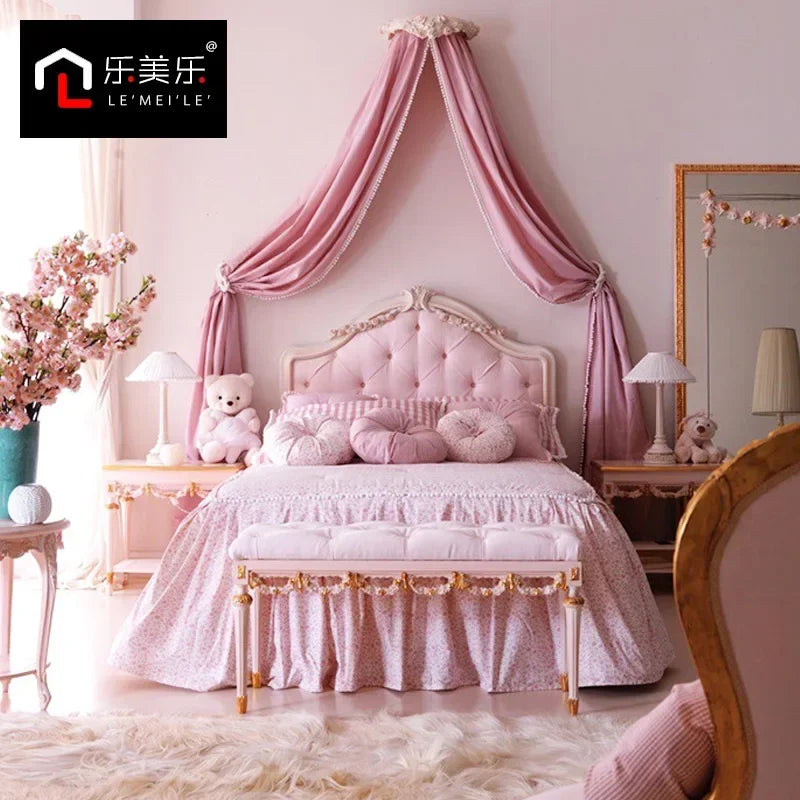 Solid Wood Pink Princess Bed European Leather Art Girl Single Bed