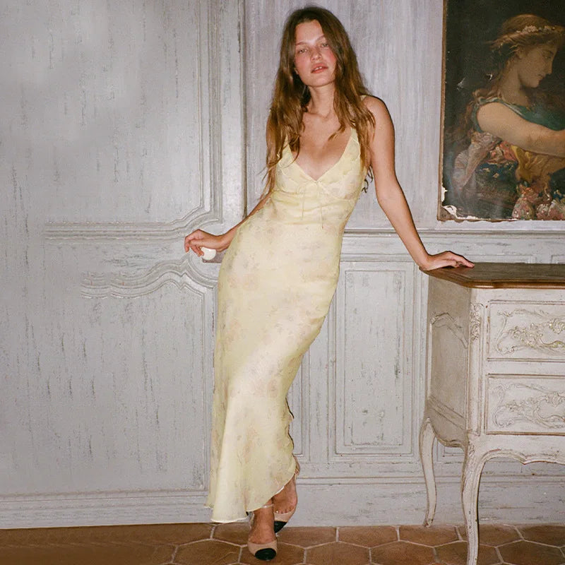 Women's Floral Cami Dress Slim Tie Bow Deep V Neck Backless Ruffle Spaghetti Strap Long Bodycon Dress