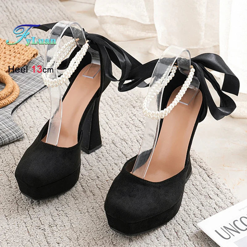 Fashion Super High Heels Sandals Bow Buckle Square Head Heels Ladies Shoes