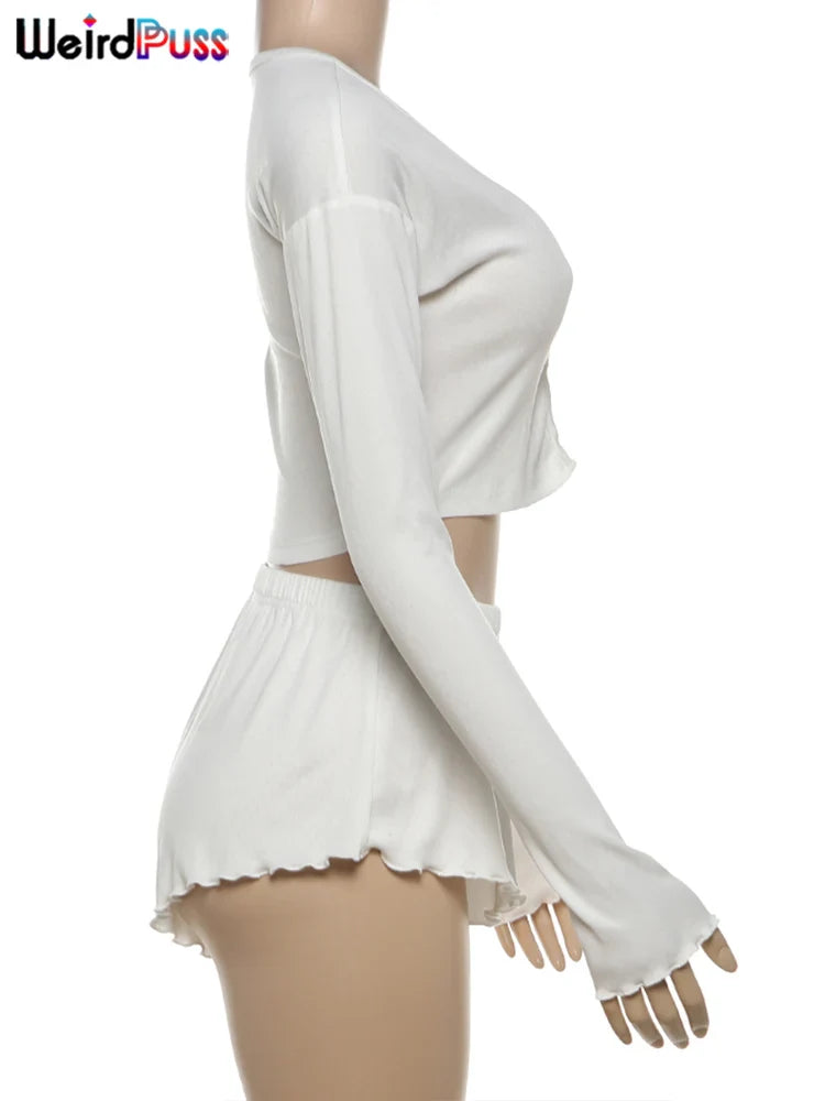 Solid 2 Piece Set Long Sleeve Single Breasted Crop Tops+Ruffles Simple Thin Mini Short Suit