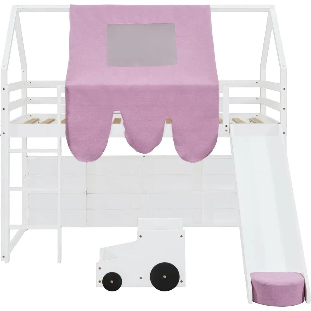 Twin House Loft Bed with Stairs and Slide, House Loft Bed with Storage Shelves,Stairway Playhouse Beds with Roof Tent and Ladder