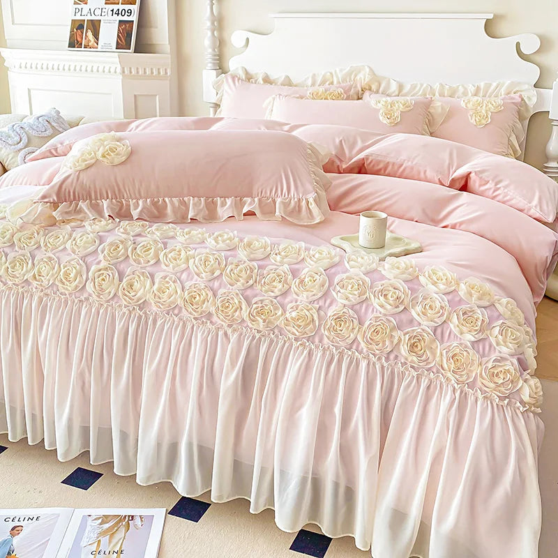 Soft Three-dimensional Flowers Embroidery Lace Ruffles Princess Bedding Set Duvet Cover With Pillowcases