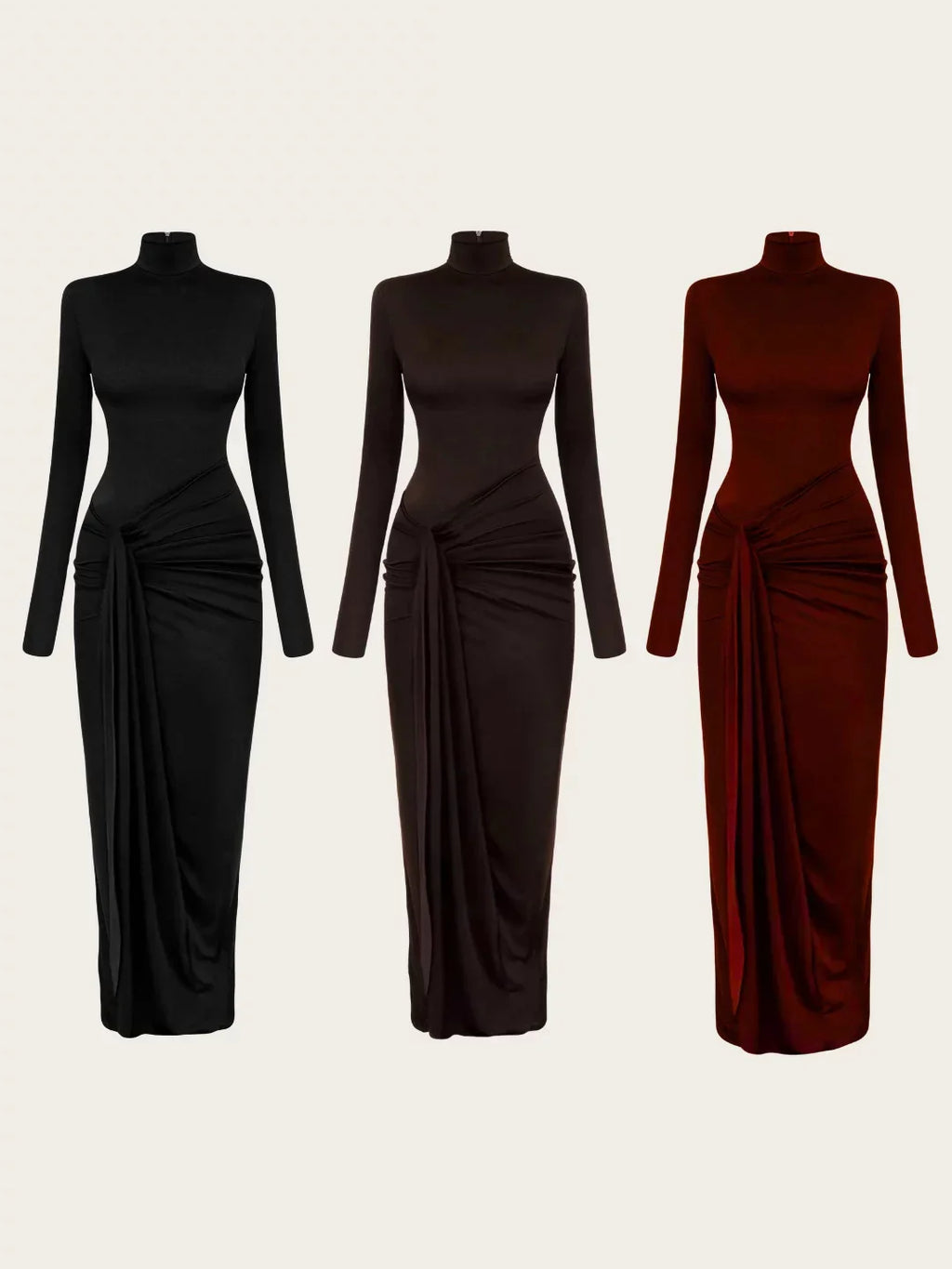 Pleated Bandage Long High Waist Slim Patchwork Long Sleeve Elegant Women's Maxi Dress