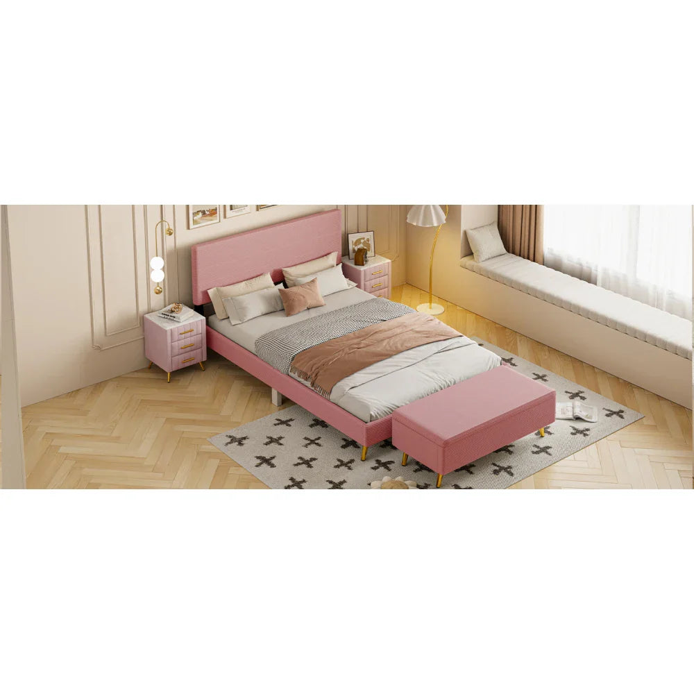 Pink 2 Pieces Bedroom Sets Queen Size Upholstered Bed Frame, Modern Corduroy Storage Ottoman