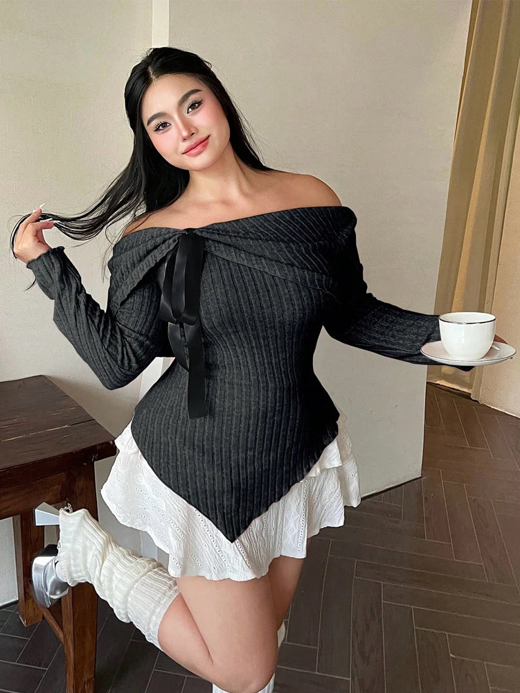 Plus Size Womens Solid Colour Strapless Long Sleeve Simple T Shirt Spring Daily Casual Dress Up Cute Wind Pure Colour Polyester
