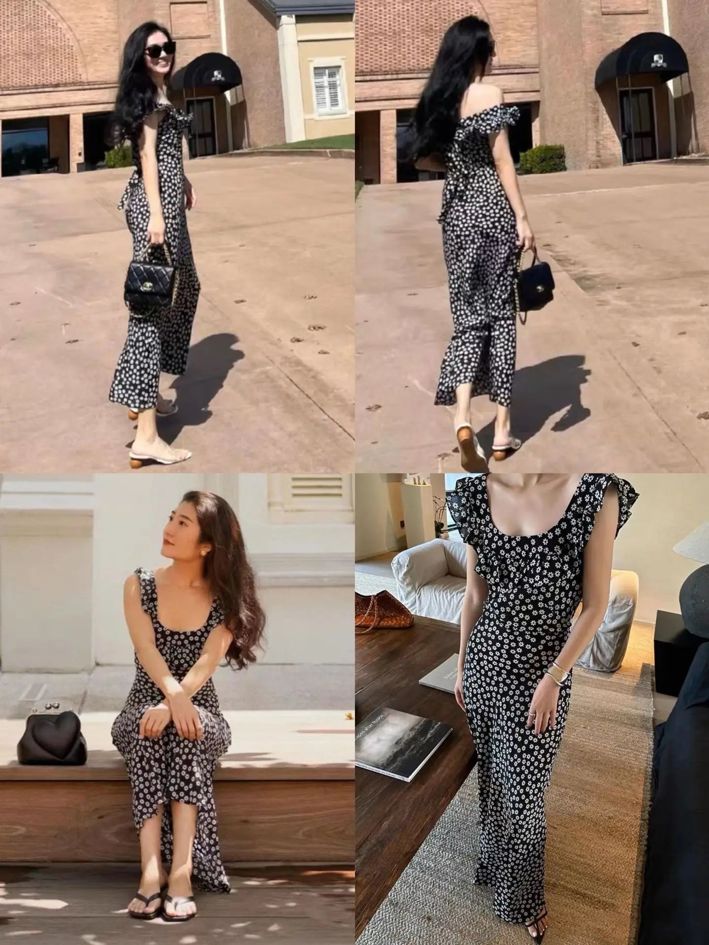 French Daisy Vintage Girl Silk Polka Dots U Neck V Back Sexy Summer Women Long Dress