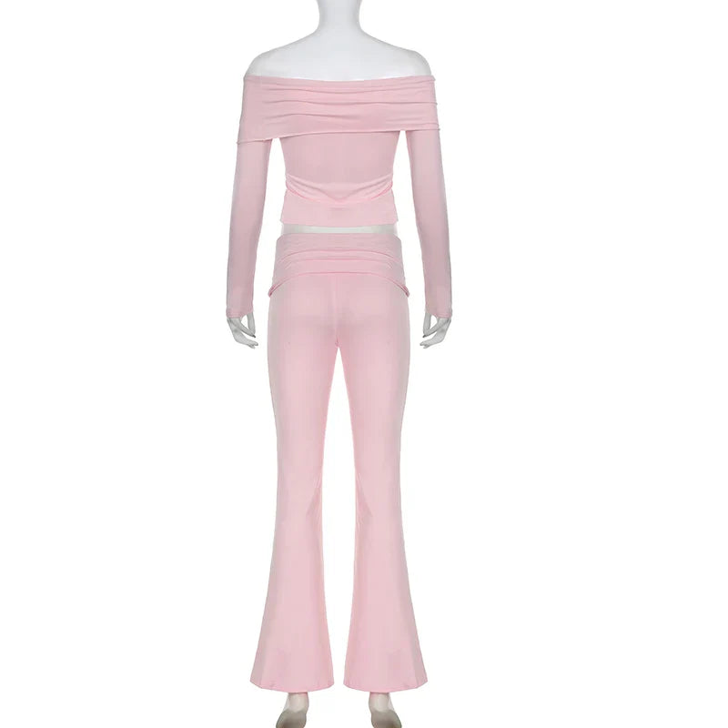 Slash Neck Top and Casual Pants Sets Women's Two Pieces Of Outfits Streetwear Solid Fashion Y2K Basic Slim Clothes