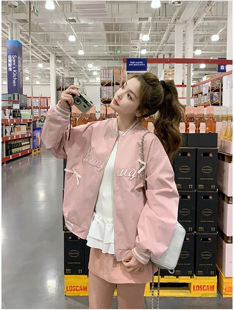 Sweet Butterfly Knot Pink Baseball Jacket Women's Spring Autumn Casual Loose Fit round Neck Full Sleeve Fashionable Coat
