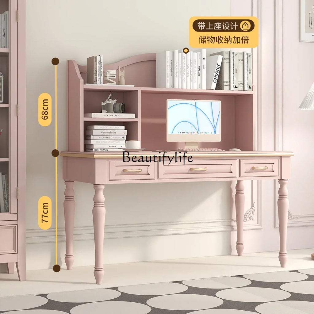 Minimalist Light Luxury Pink Writing Table with Bookshelf, Living Room Study Table and Chair Combination in Oak and Walnut.