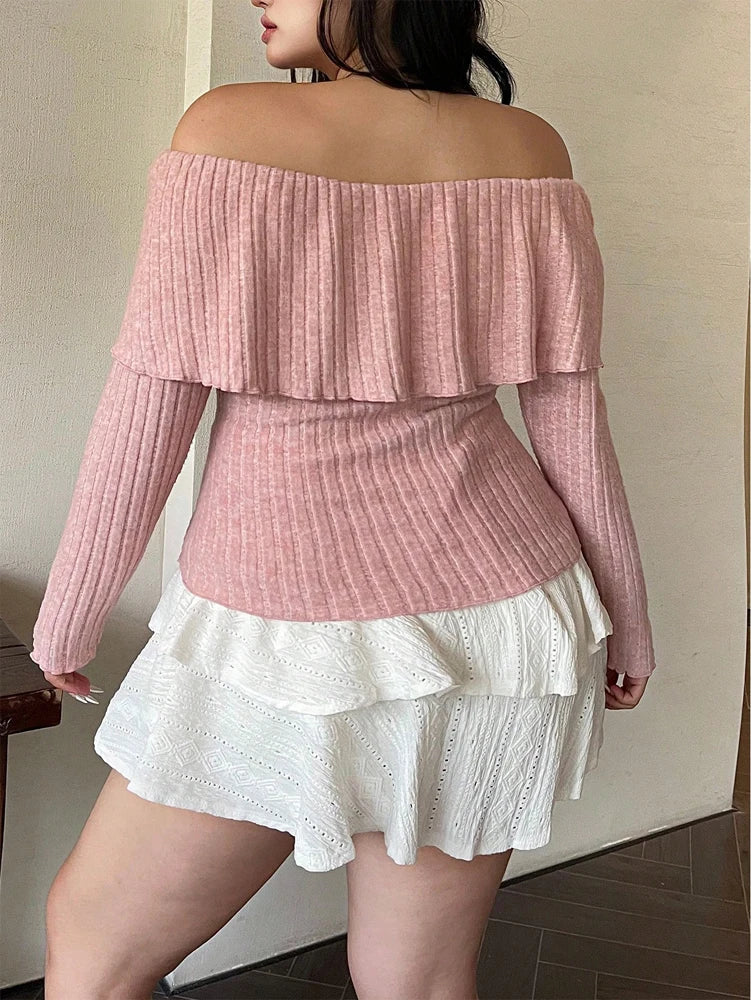 Plus Size Womens Solid Colour Strapless Long Sleeve Simple T Shirt Spring Daily Casual Dress Up Cute Wind Pure Colour Polyester