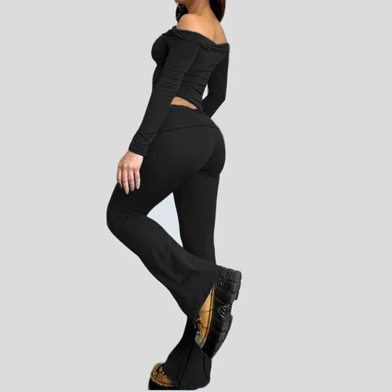 Slash Neck Top and Casual Pants Sets Women's Two Pieces Of Outfits Streetwear Solid Fashion Y2K Basic Slim Clothes