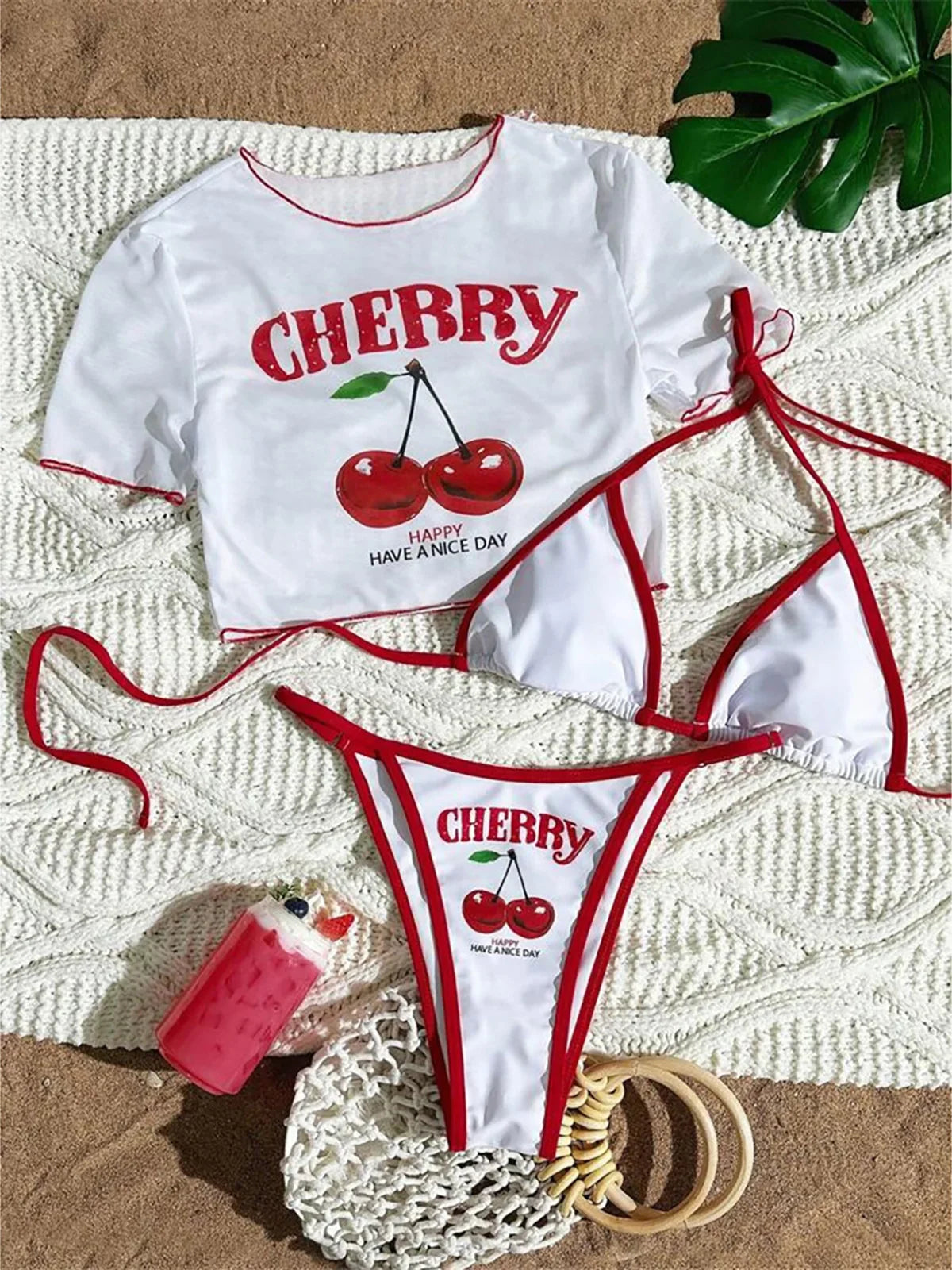 Cherry Printed Short Sleeve Bikini Female Swimsuit Women Swimwear Three-pieces Bikini Set
