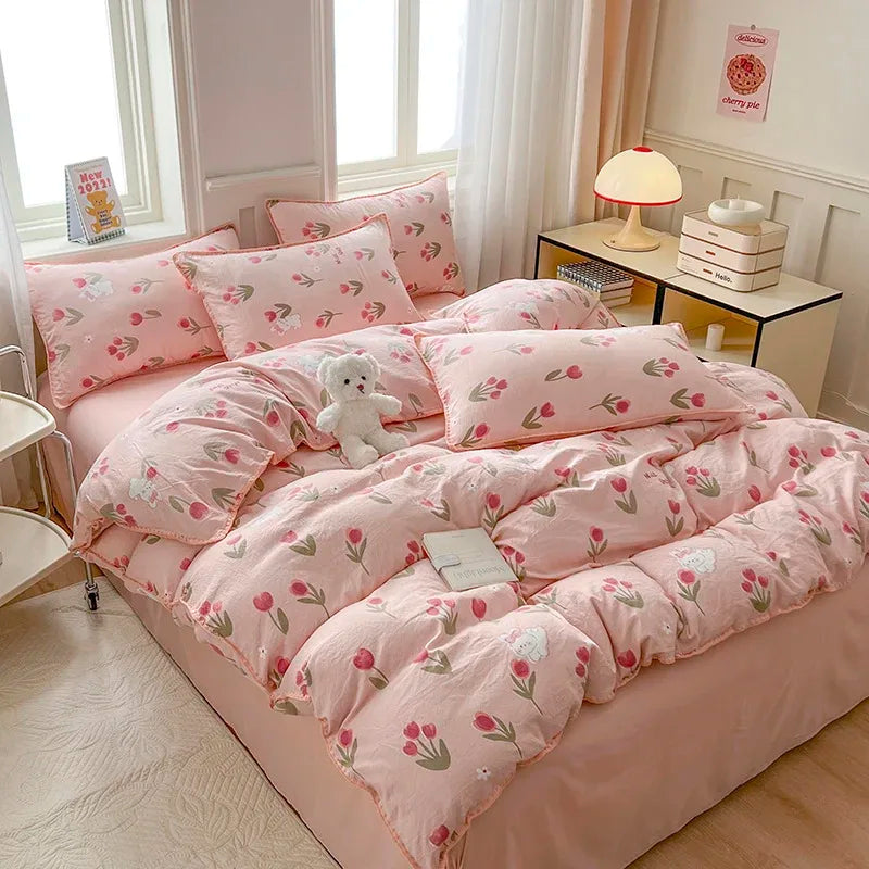 Tulip Double Layer Yarn Quilt Cover Bed Sheet Pillowcase Bedding Set Girls Duvet Cover Set No Filler