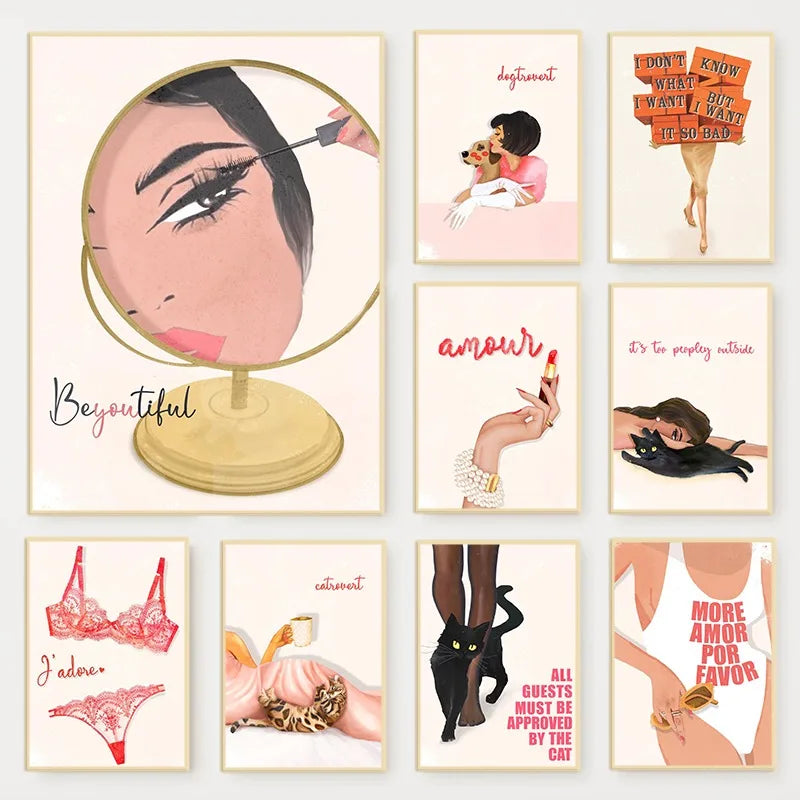 Retro Glam Fashion Magazine Poster Pink Luxury Beauty Makeup Quote Trendy Canvas Painting Wall Art
