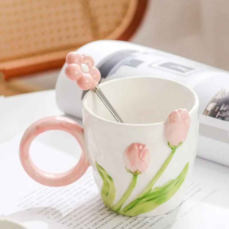 Tulip Flower Ceramic Mug Three-dimensional Design Creative Girl Heart Cup