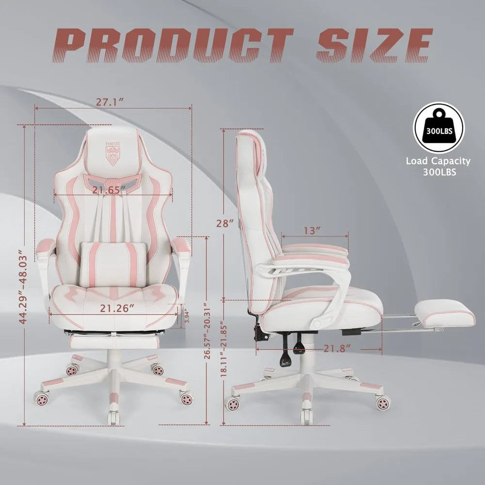 Pink Gaming Chair for Girls, Pink Computer Gaming Chairs for Adults, Reclining Gamer Chair with Footrest with Massage, Ergonomi