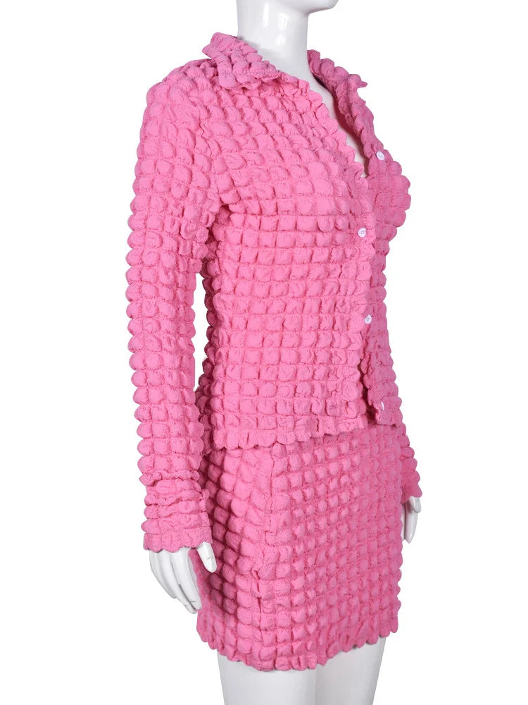 Cute 2 Two Piece Set Women Skirt Long Sleeve Button Top+Mini Skirt