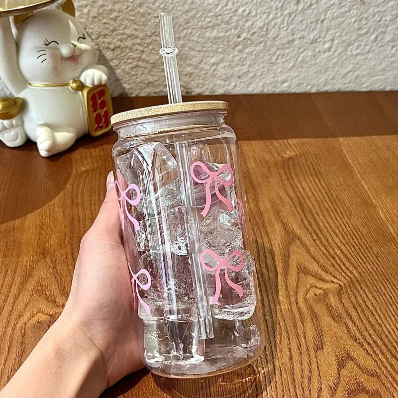 Cute Bow Glass Cup Tumbler Mason Jar Shaped With Lids & Straw