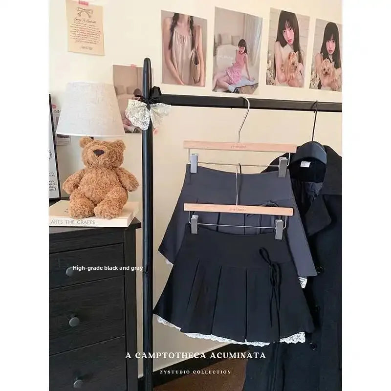 Plus Size Plus Size Women's Korean College Style Skirt with Butterfly Knot Lace Splicing A- Line Mini Skirt Half-length Skirt