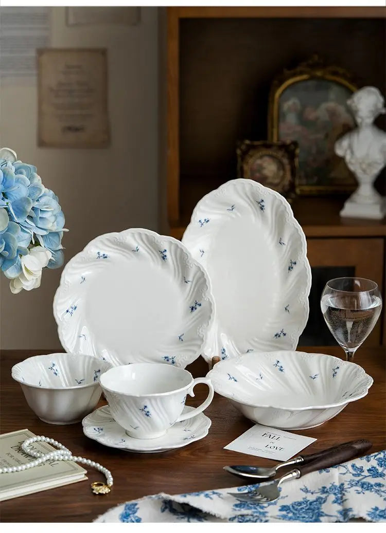 Ceramic Floral Bowl Dish Set Oval Plate New French Medieval High-end Cup Dish Set