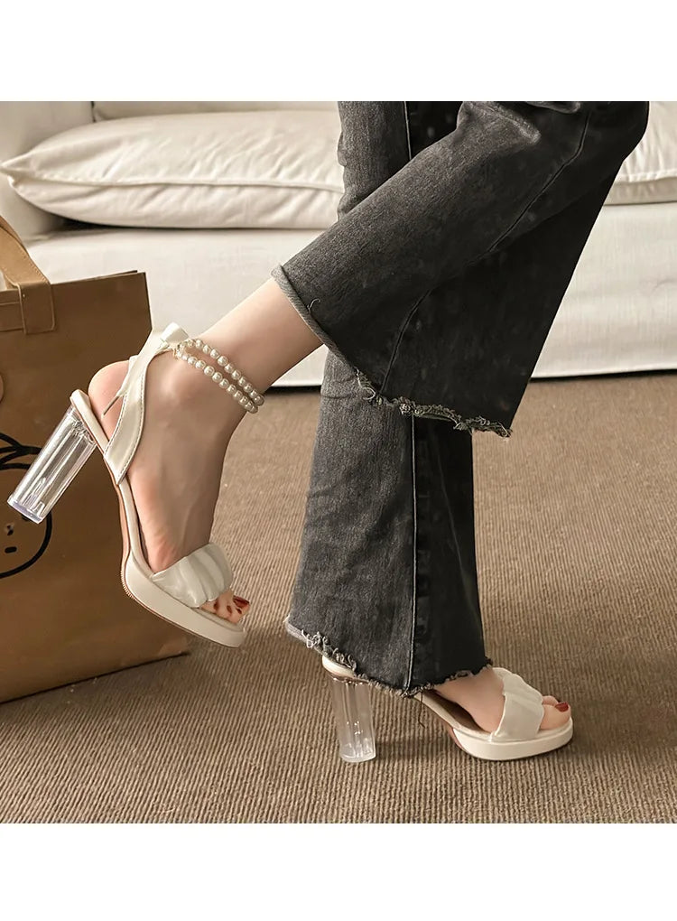 Women's Fashion Crystal Pearl High Heels Sandals