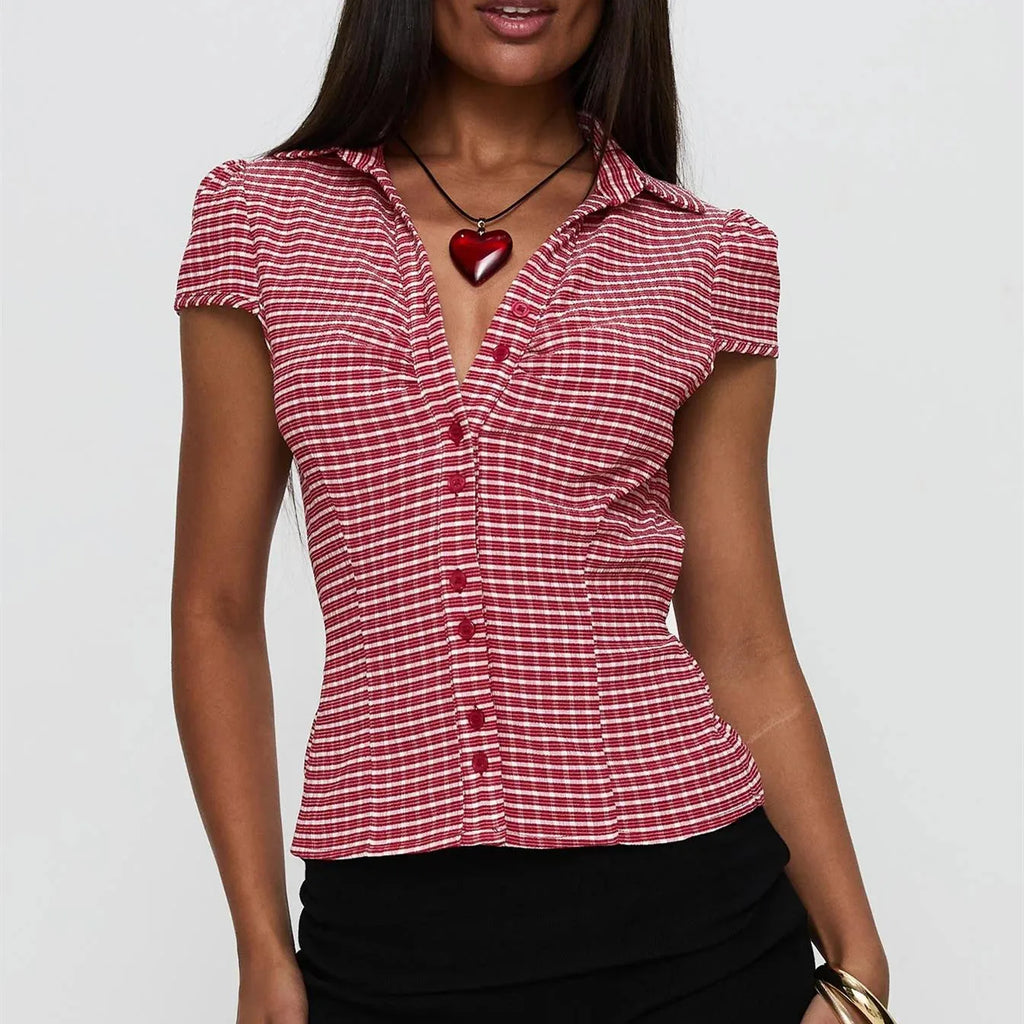 Women's Summer Retro Casual Plaid Short Sleeve Top Fashion Trim Top Summer Fashion Slim Fit Shirt Blouse Streetwear